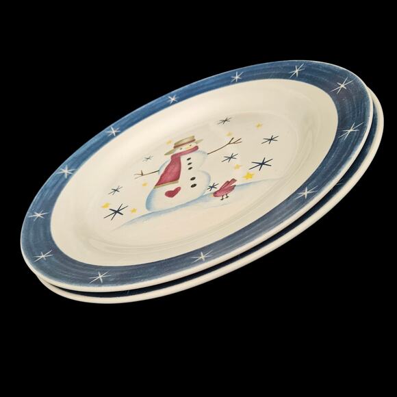 Set of 2 Snowman Christmas Dinner Plates 10.5" Blue Rim Holiday Winter Dinnerwar - Picture 3 of 5